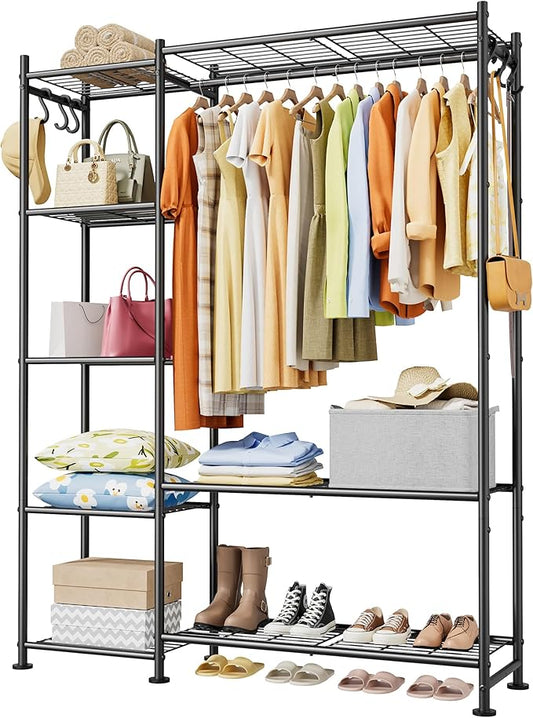 Closet Organizers and Storage - Free-Standing Clothes Rack with Leveling Feet & Wall-Anchor Straps, Wardrobe Closet with 6 Hooks for Bedroom, Living Room, Laundry, 48.8"×12.6"×62.2", Black