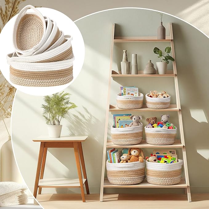 6 Pcs Boho Storage Baskets for Organizing Woven Baskets Set Natural Cotton Rope Storage Bins for Shelves Toys Books Clothes Decorative Farmhouse Home Decor for Bedroom Closet Nursery, 3 Sizes