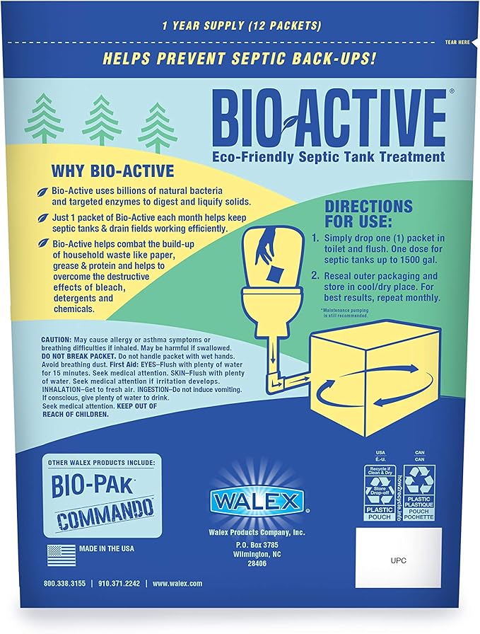 Walex Bio-Active Home Septic Tank Treatment - Strong Digestive Power with Beneficial Bacteria & Enzymes for Liquefying Solids & Breaking Down Waste, Odor Neutralizer -1 Year Supply, 12 Packets