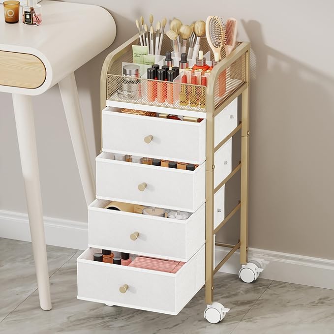 SWTYMIKI Rolling Makeup Organizer Cart - Floor Skincare Make Up Storage with 4 Non-woven Drawers, Vanity Organizer Cosmetic Display Cases Cabinet for Skin Care Perfume Nail Polish Brush Hair Tool