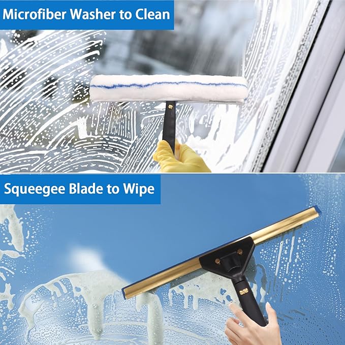 Window Cleaning Kit,Window Washing Kit with 4.13Ft Extension Pole,Window Cleaner Tool with 4 Stage Telescoping Pole, A Silicone Scraper and 2X Microfiber Scrubber Sleeves