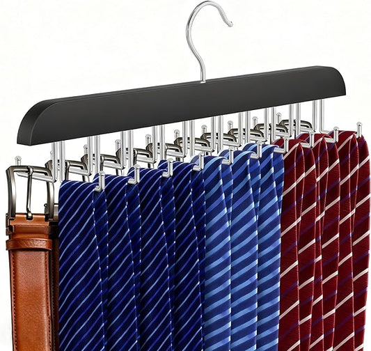Tie Rack Hanger for Closet 20 Foldable Hooks, 1 Pack Wooden Non Slip Large Capacity Space Saving Tie and Belt Organizer with 360°Rotating Hooks for Tank Tops Bras Scarves Hat