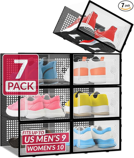 Reli. Shoe Boxes (7 Pack) | Clear Shoe Storage Boxes Stackable and Compact | Lightweight Plastic Storage Box with Ventilation Holes, Swing Door | Interlocking Containers, Stackable Rack | Black