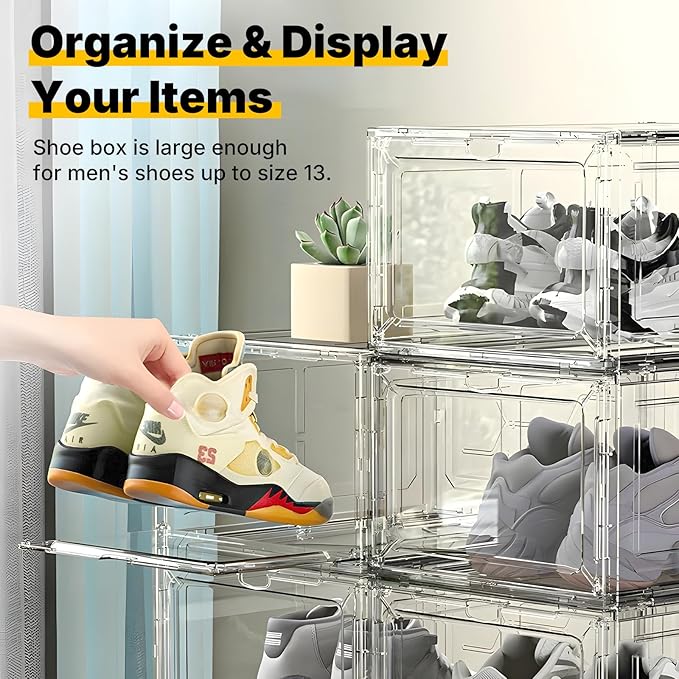 Stackable Clear Pink Shoe Boxes 6 Pack with Magnetic Door, Drop Front Sneaker Storage Organizer for Closet, Large Transparent Plastic Shoe Storage Containers