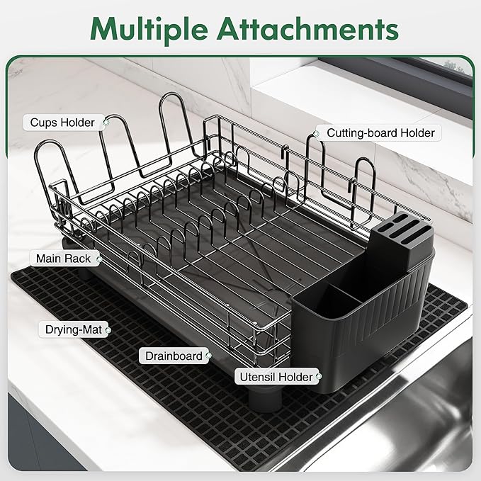 JASIWAY Black Stainless Steel Dish Drainers Drying Rack for Kitchen Counter with Drainboard, Rust Proof Metal, Space Saving, Modern Aesthetic, Compact Plates Strainers with Extra Mat