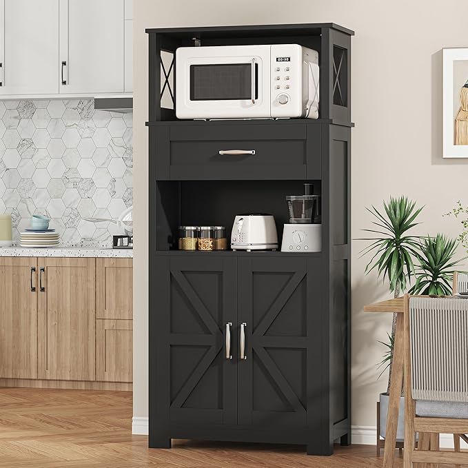 Semoic 55" Farmhouse Kitchen Pantry Cabinet, 5-Tier Pantry Storage Cabinet with 2 Barn Doors and Drawer, Tall Sideboard Buffet Cupboards Storage Shelf for Home Office Use (Black 12" D x 24" W x 55" H)