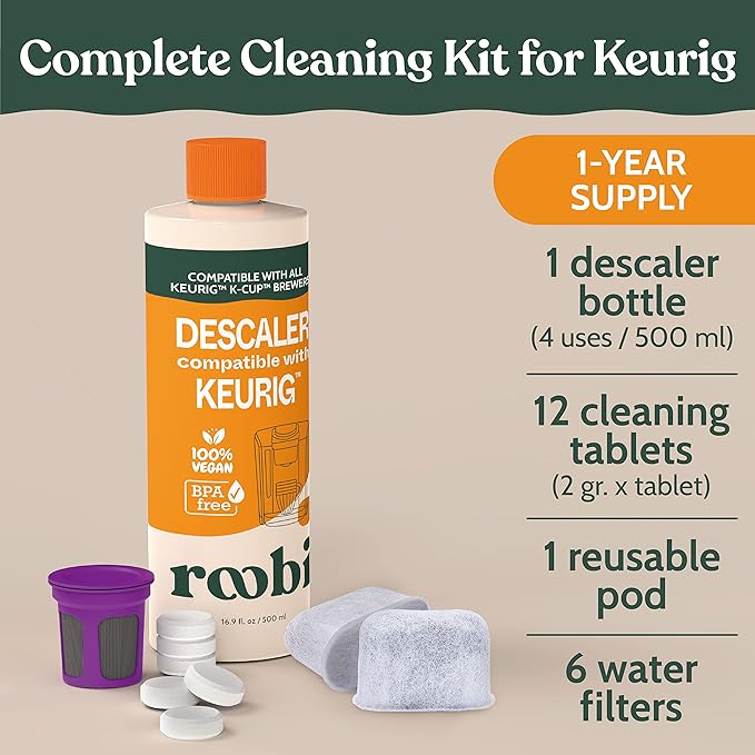 Roobi Keurig Compatible Descaling Solution & Cleaning Kit. Includes 1 Bottle of Keurig Descaler, 12 Cleaning Tablets, 1 Reusable Pod and 6 Water Filters. Carbon Neutral. 1 Year Supply.