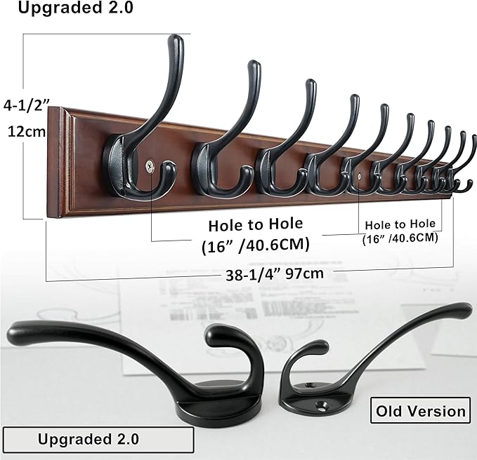 Dseap Coat Rack Wall Mounted: 10-Hooks, 38-1/4" Long, 16" Hole to Hole, Wood Coat Hooks Wall Mounted, Hook Rack, Hook Rail, Hooks for Hanging Coats, Light Walnut & Black