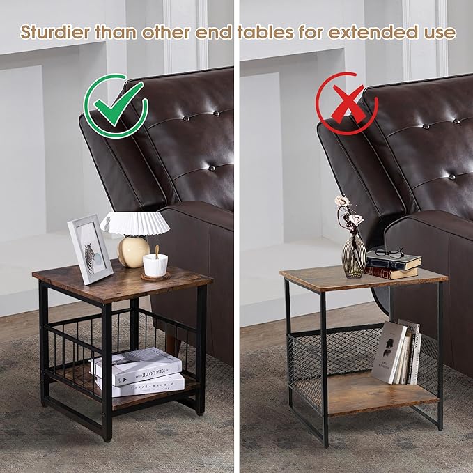 End Table, Industrial Side Table with 2-Tire Storage Shelf, 180LBS Mini Fridge Stand with Adjustable Feet, 18"x18" Wood Night Stand Small Bedside Table with Sturdy Metal Frame for Living Room Bedroom