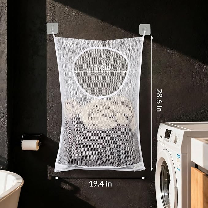 Hanging Laundry Hamper Bag,30x20 Inch Foldable Wall Hanging Laundry Bag,Portable Space Saving Dirty Clothes Bags with 2 Adhesive Hooks for Dirty Clothes Organization Storage (2)