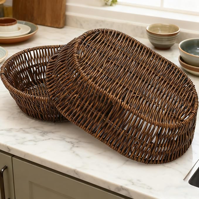 3 Pack Wicker Bread Basket, 11 Inch Woven Oval Food Baskets for Serving, Tabletop Stackable Pantry Organizer Bin for Home Kitchen, Restaurant, Bakery, Fruit Vegetable Storage, Brown