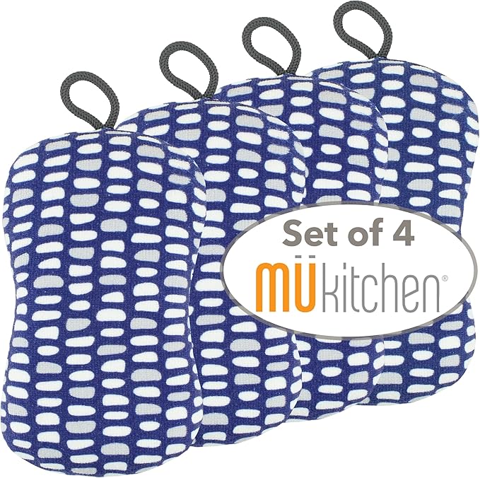 MÜkitchen Premuim Sponge for Dishes and Household Cleaning | Microfiber Print and Non-Scratch Scrub Pad | Set of 4 | (Stones)