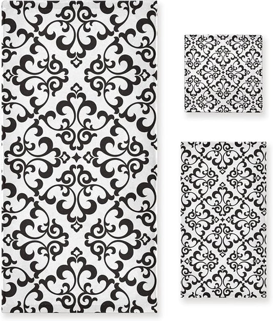3 Piece White Black Damask Pattern Bath Towel Set,Microfiber Decorative Damask Floral Modern Abstract Bathroom Towels,1 Bath Towel 1 Hand Towel for Bathroom Kitchen,1 Washcloth for Body Face