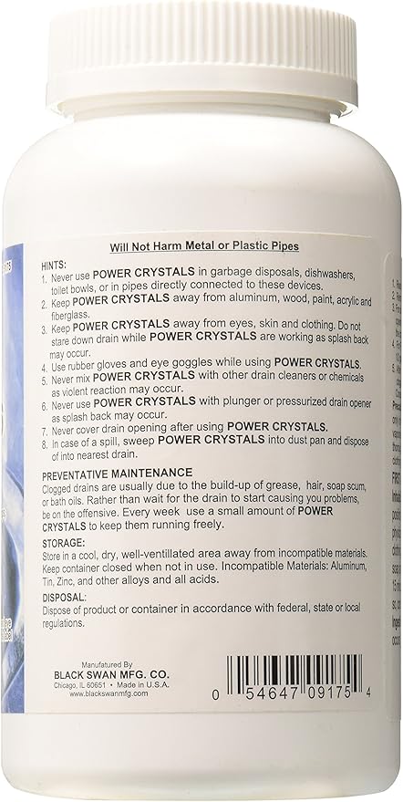 Black Swan 09175 Power Crystals Drain Opener, 16 oz - Heavy Duty Crystal Formula for Cleaning Clogged Drain Pipes Due to Grease, Food Scraps - Safe for Plumbing & Septic Systems