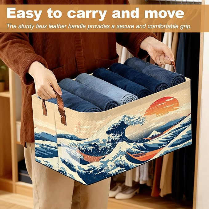 Decorative 32L Japanese Waves Storage Bins with Handles, Organization and Storage, Cube Storage Organizer for Hamper, Nursery
