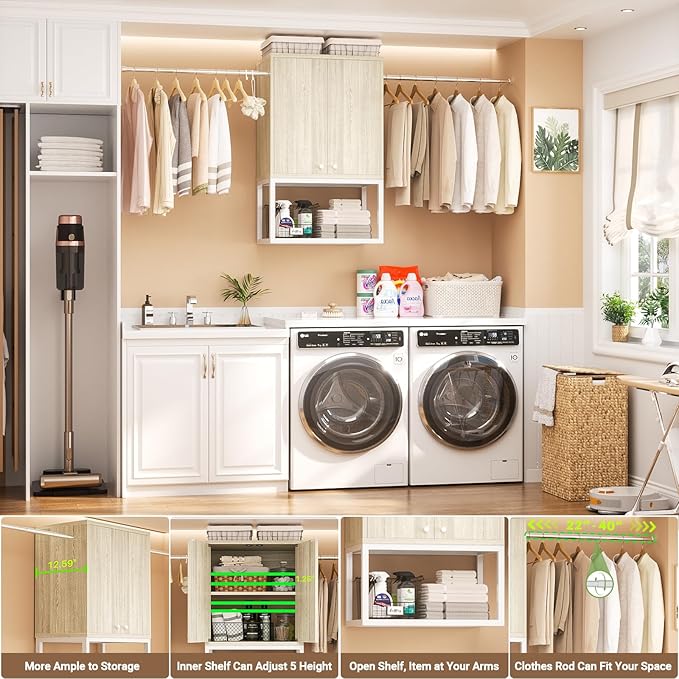 Homieasy Wall Cabinet with 2 Hanging Rods, 67'' Wide Laundry Wall Cabinet with 2 Doors, Open Rack & Adjustable Inner Shelf, Storage Cabinet Wall Mounted for Laundry & Bathroom, White Oak