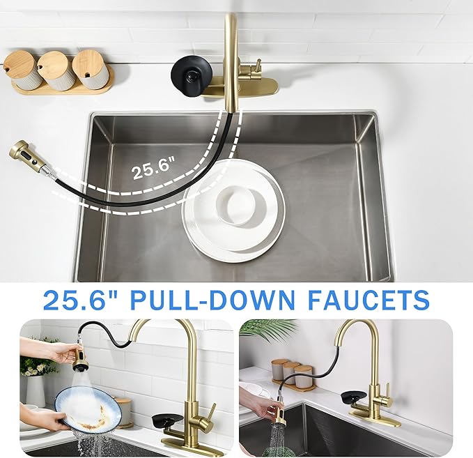 Kitchen Faucet with Glass Rinser, Pull Down Sink Faucet with 3 Spray Modes and High Pressure Glass Rinser, Single Hole 2 in 1 High Arc Stainless Steel Kitchen Faucets (Brushed Golden)