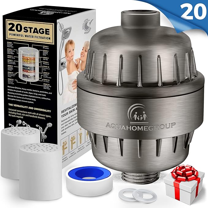AquaHomeGroup 20 Stage Shower Head Filter with Vitamin C E A for - High Output Filter to Remove Chlorine and Fluoride - 2 Replacement Cartridges - Consistent Flow Showerhead Filter