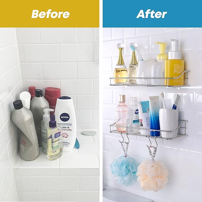 KESOL Adhesive Shower Caddy Shower Shelf Organizer for Bathroom Organization with Hooks, SUS304 Stainless Steel, 2 Pack (Silver)
