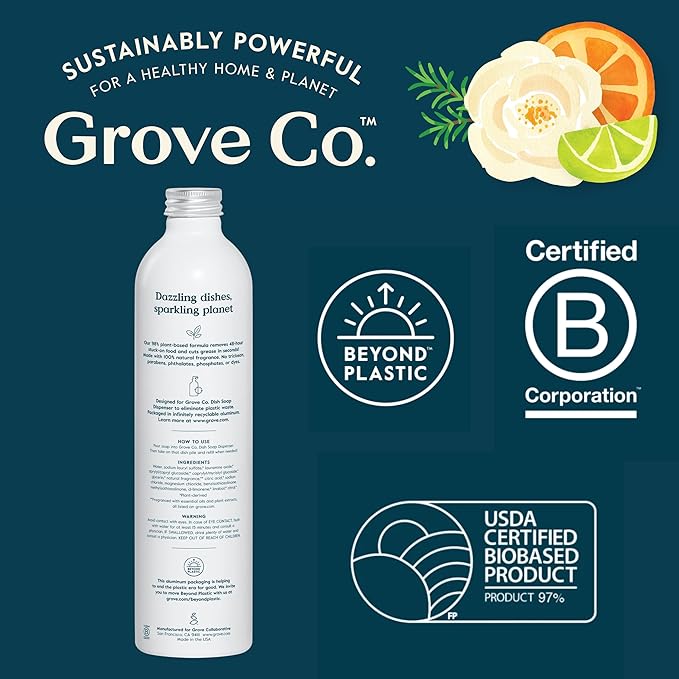 Grove Co. Ultimate Dish Soap Refills (3 x 16 Fl Oz) + Refillable Glass Dish Soap Dispenser for Kitchen Sink with Non-Slip Silicone Sleeve, Plastic Free Cleaning Products, Orange & Rosemary