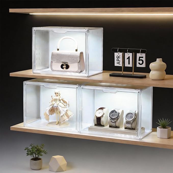 Clear Acrylic Display Case with Light, Dustproof Stackable Showcase for Collectibles, Figures, Shoes, Toys & Jewelry - Plastic Storage Bins Support Voice Control Lighting