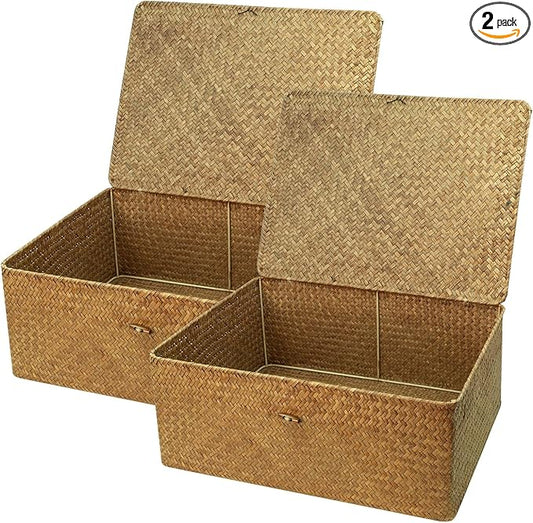 Shelf Storage Baskets with Lid, 2-Pack Wicker Storage Basket, Woven Seagrass Decorative Boxes, Coffee XXLarge+XXL