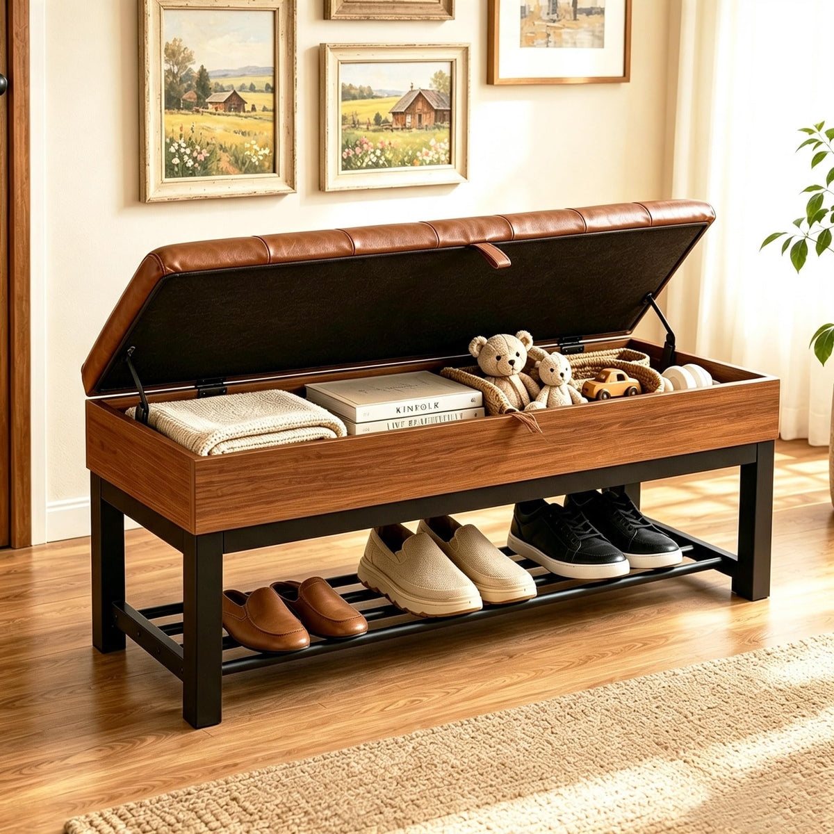 43.3'' Storage Bench with Shoe Rack, Tufted Entryway Bench - Image 1