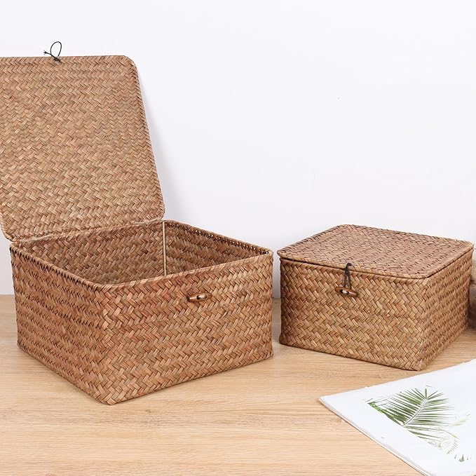 Wicker Shelf Baskets with Lid, Handwoven Seagrass Storage Basket Bins Square Gift Boxes for Shelves Home Decor Organizer (Coffee, Medium)