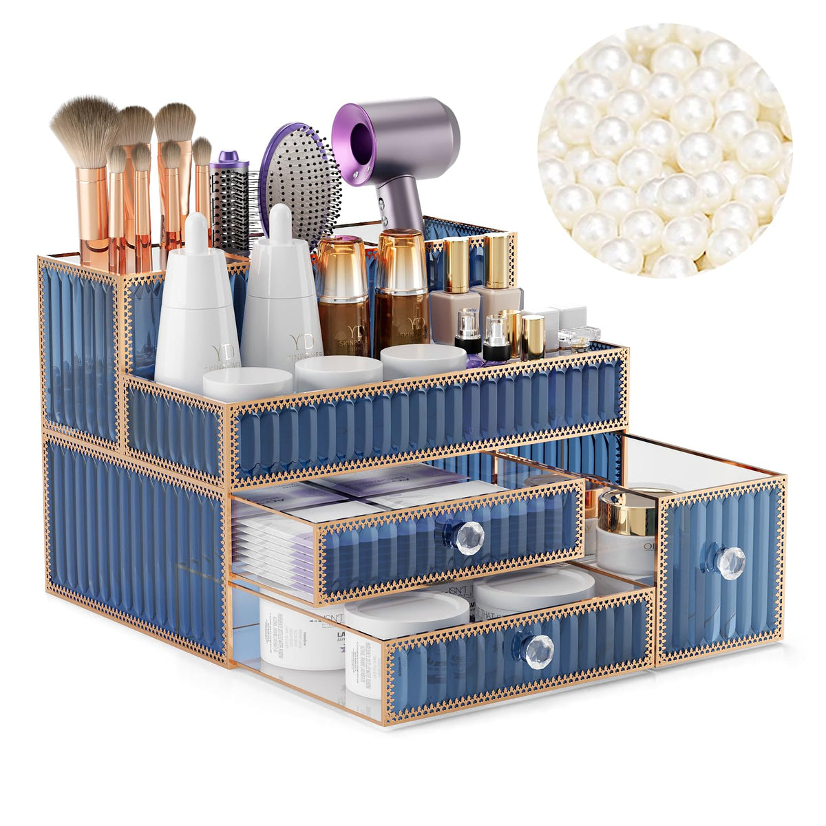 Youdepot Blue Tempered Glass Makeup Organizer - Image 1