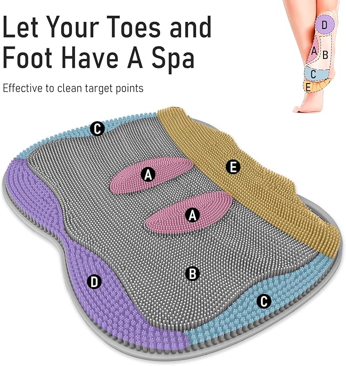 Shower Foot Scrubber Mat XL, Silicone Feet Toes Massage Cleaner -Upgraded Long Brush Pad Without Bending Non-Slip Suction Cups for Foot Bath Bathtub Exfoliate Smooth Skin 17.4x13 Grey
