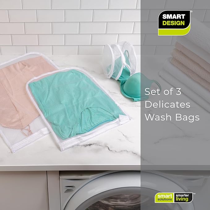 Smart Design Intimate Wash Bag w/ Safety Zipper - Washing Machine Safe - Fine Mesh Nylon Polyester - Bra, Hosiery, Pantyhose, Delicates, Lingerie, Sweater, & Baby Clothes (Set of 3) [White]