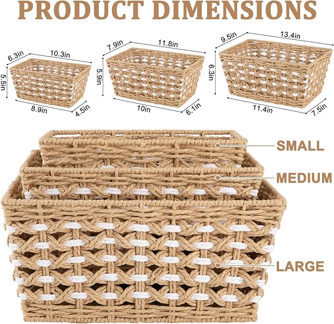 OIAHOMY Wicker Storage Baskets, Paper Rope Shelf Bins, Decortive Baskets for Organizing, Set of 3-Yellow & White