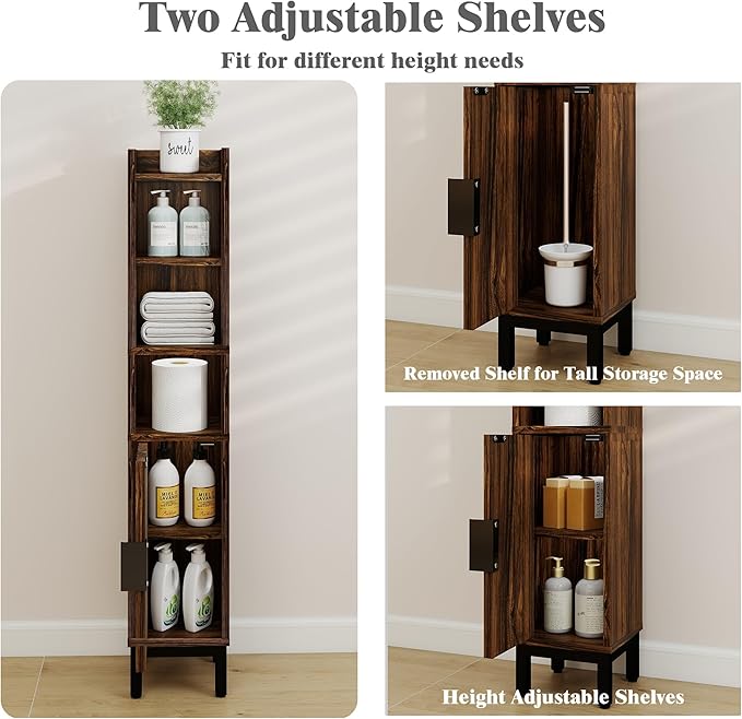 Small Bathroom Storage Cabinet, Corner Floor Cabinet with Door and Shelves, Narrow Toilet Paper Cabinet, Bathroom Organizer with Adjustable Shelf, for Small Spaces (Walnut, 5-Tier)