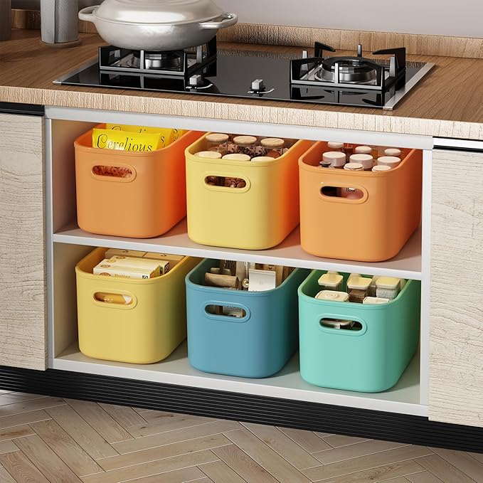 12 Pack Colorful Plastic Storage Bins, Storage Container for Organizing, Colored Storage Boxes with Handle for Shelves, Cute Organizer Bins for Craft, Snacks, Cabinet, 9.69x6.7x5.7 inch