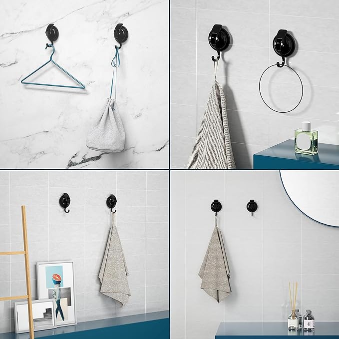 Heavy Duty Vacuum Suction Cup Hooks, Matte Black Plated Polished Super Suction for Kitchen Bathroom, 4 Pack