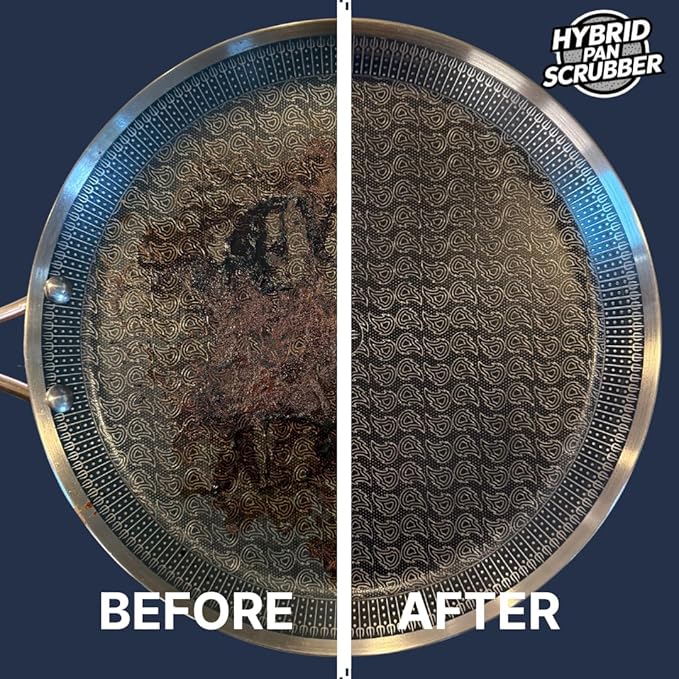 Stainless Steel & Hybrid Cookware Scrub & Polisher with Soap-Dispensing Handle, Dual-Layer DuoPad & Drydock Tray. Refillable, Ergonomic, Safe for All Hybrid and Stainless Steel cookware.