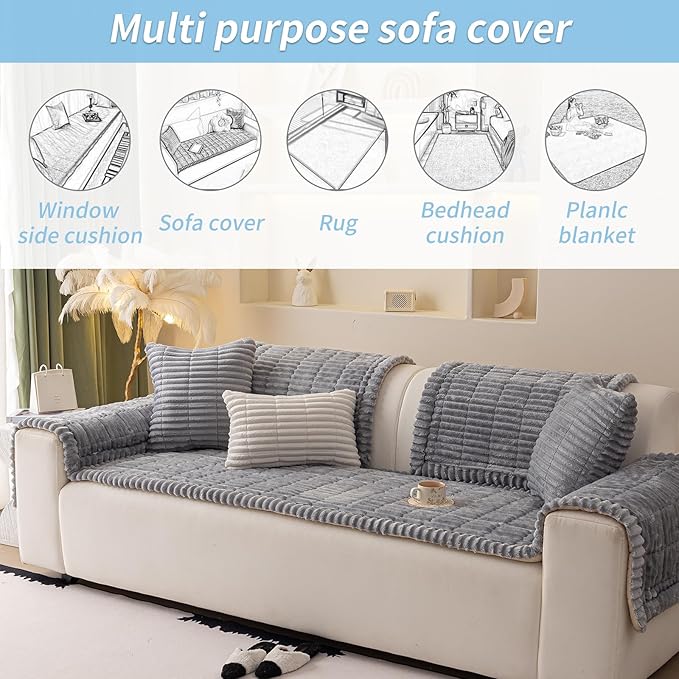 Couch Cover for Dogs Washable,Non Slip Fuzzy Durable Couch Covers for 3 Cushion Sofa Pet Friendly Sofa Cover Dog Thick Soft Slipcovers Protector Couches Mat Bed (Light Grey 27.6 " x 70.9"/70 x 180cm)