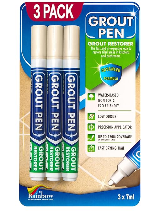 Grout Pen Cream Tile Paint Marker: Waterproof Grout Paint, Tile Grout Colorant and Sealer Pen - Cream, Narrow 5mm Tip (7mL) - 3 Pack