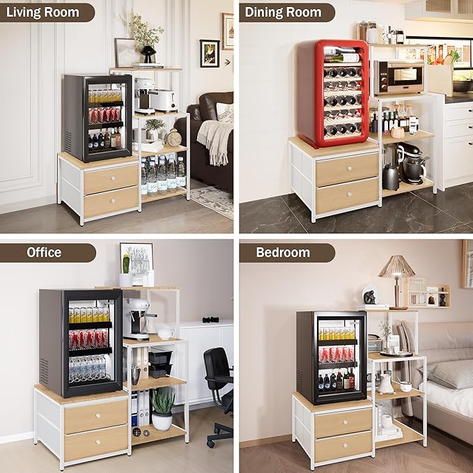 Mini Fridge Stand with Storage, Microwave and mini Fridge Stand with Power Outlet, Coffee Bar,Kitchen Baker,for Dorm,Office(Oak)