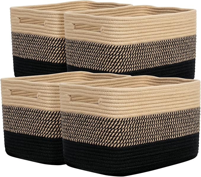 Storage Baskets for Organizing, 14 x 10 x 9” Closet Shelf Woven Baskets, Square Bins with Handles, Cotton Rope Basket for Toys, Clothes, Office, Room, Black+Brown 4 Pack