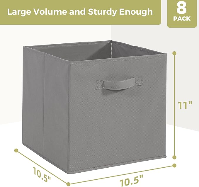 Storage Cubes, 11 Inch Cube Storage Bins, Set of 8, Fabric Foldable Storage Bins With Handles, Closet Storage Organizer Bins, Cubby Clothing Storage Baskets for Shelves, Gray