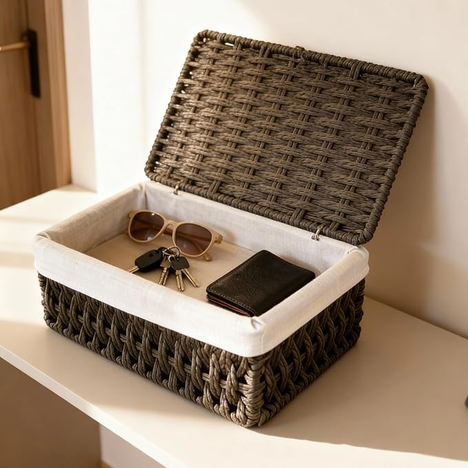 Small Woven Storage Baskets with Lids, Set of 3, Black Paper Rope Wicker Storage Bins for Bathroom Shelf, Stackable Decorative Organizer Boxes