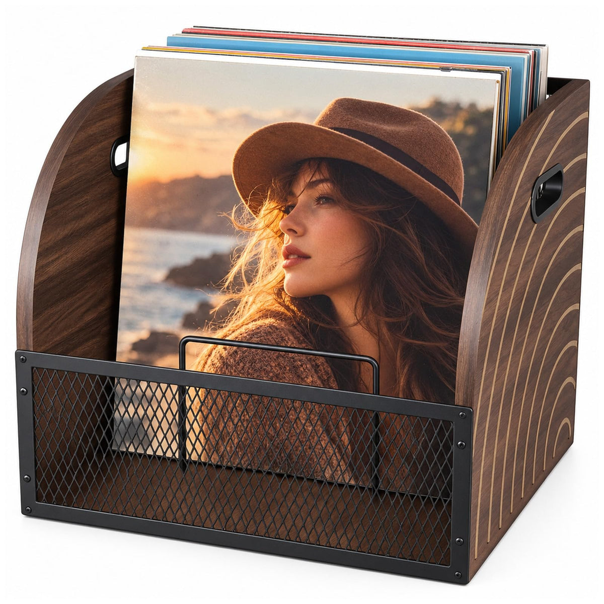 Vinyl Record Storage Crate, Wooden LP Organizer with Divider - Image 1