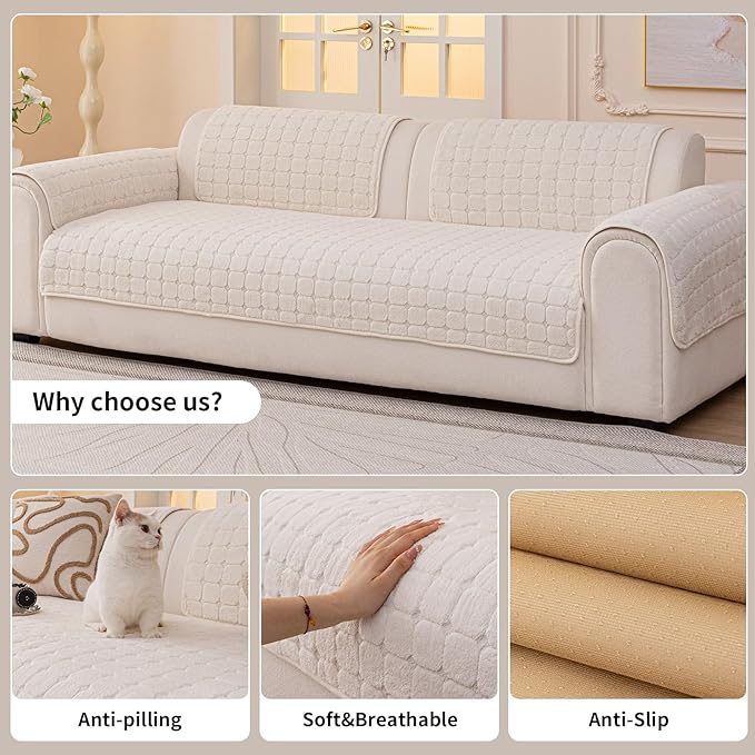 Velvet Sofa Covers Washable, Plush Warm Couch Cover for 2-3 Cushion Sofa, Funny Fuzzy Couch Covers for Pets&Kids, Non-Slip Sectional Sofa Cover(1PC, Beige White, 35.4"×70.9", 3 Cushions Sofa)