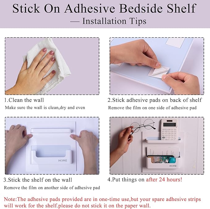 Bedside Shelf with Strong Sticky Gel,Wall Mount Organizer Holder for Cell Phone,Glasses,Remote,Keys,Adhesive Wall Shelves for Bedroom,Bathroom, Kitchen,No Drill Space Saver (Horizontal Type/White)