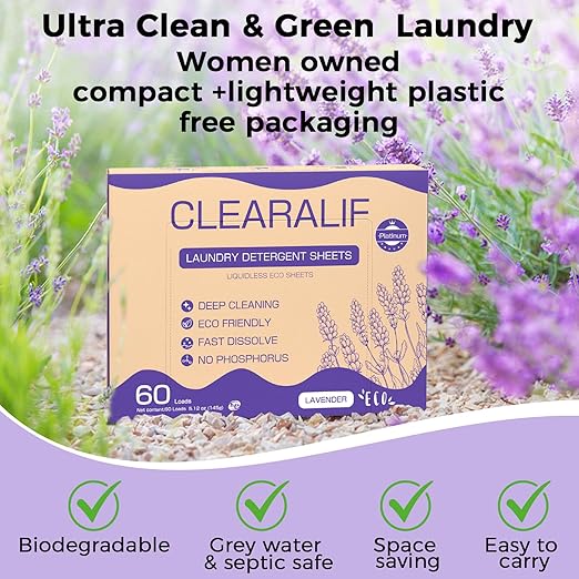 CLEARALIF Laundry Detergent Sheets, Up to 180 Loads, Fresh Lavender, liquidless, Eco-Friendly, Zero Waste, Save Space, Travel Laundry Strips for HE Machine