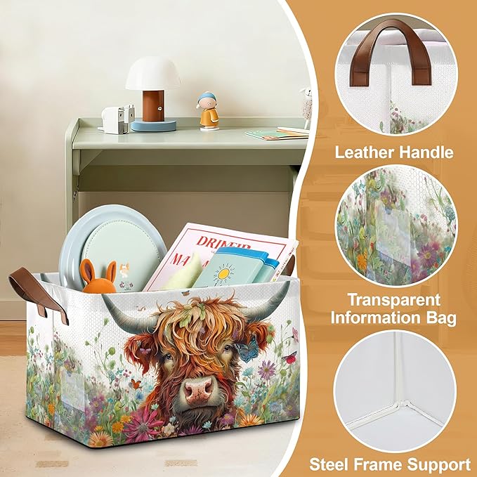 Flower Highland Cow Storage Bins with Handles, Collapsible Storage for Clothes, Gift Basket, Blankets & Closet Organization