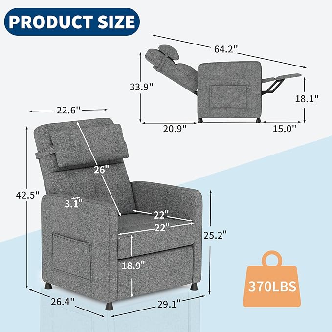 GarveeHome Electric Recliner Chair Living Room Chair Adjustable Power Recliner with Massage & Heat & Lumbar Support & Side Pockets & USB Port(Gray)