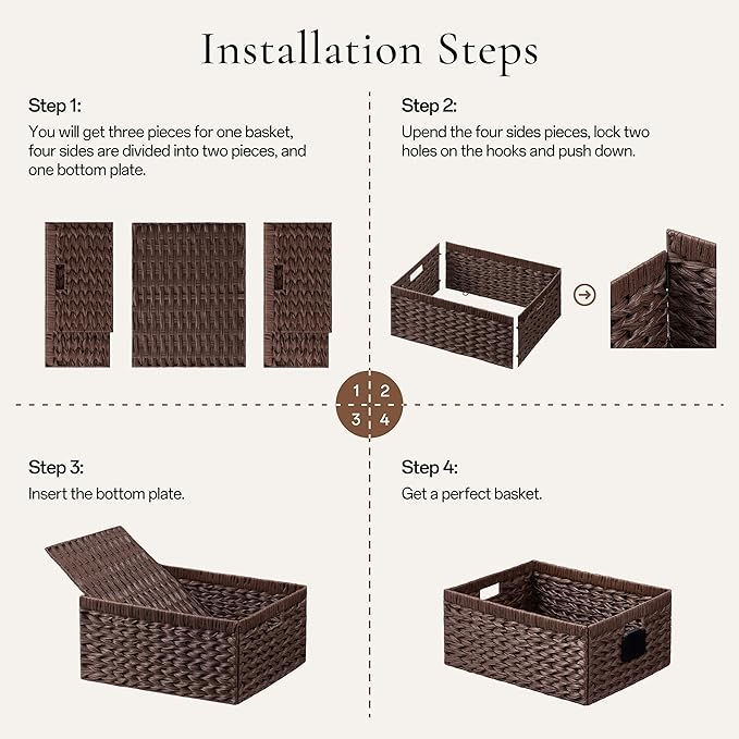 Storage Baskets with Label — Wicker Pantry Baskets for Shelves, Waterproof Woven Basket for Organizing, 2-Pack Plastic Rectangle Organizers with Handles, Dark Brown (10L×8H×4W)