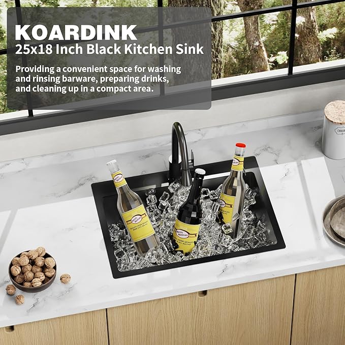 Black 25x18 Inch Kitchen And Bar Sink - Stainless Steel Drop In Single Bowl Topmount Modern Kitchen And Bar Sink With Spoon Rest,Drain Strainer Set Compatibility With Various Kitchen&Bar Style